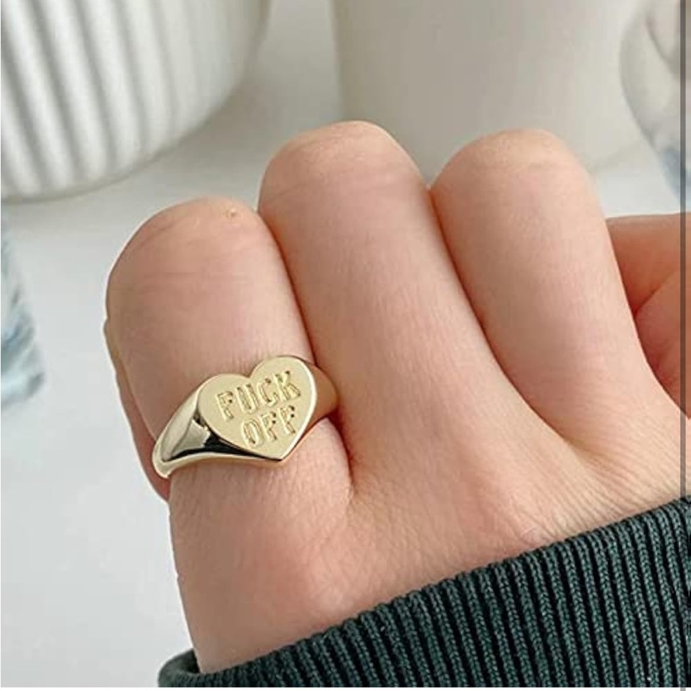 NEW “F*ck Off” Gold Heart Signet Statement Ring Funny Novelty Glam Punk